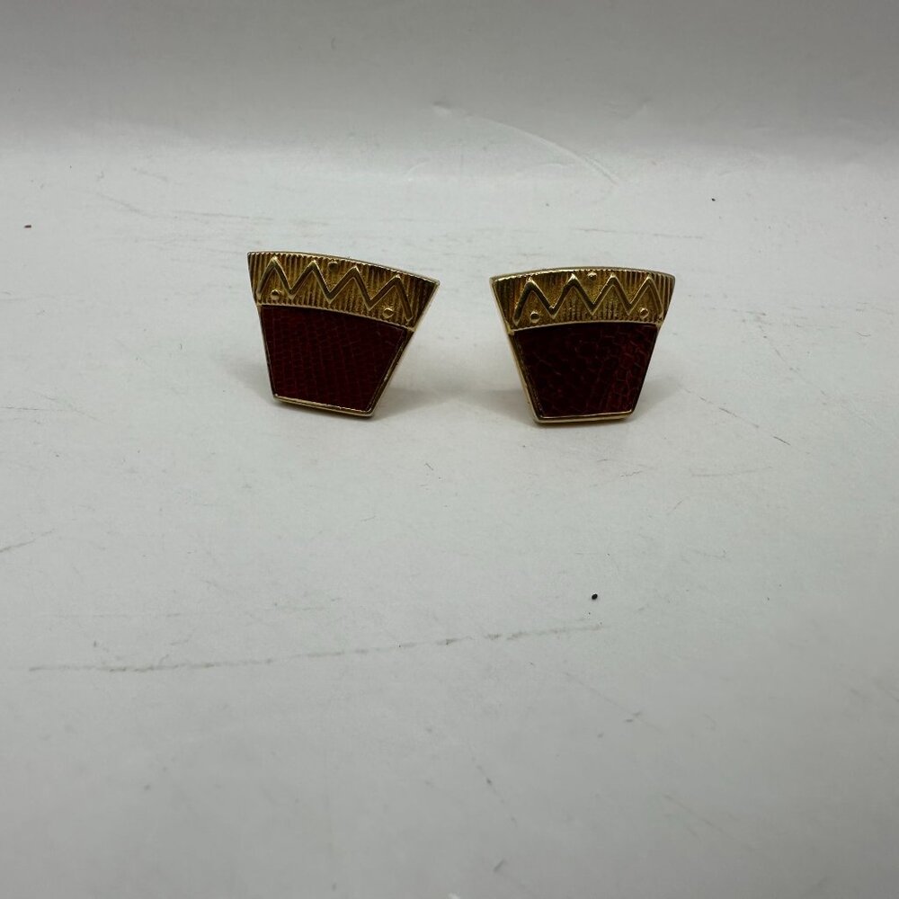 Vintage Gold Tone & Red Enamel Geometric Cufflinks